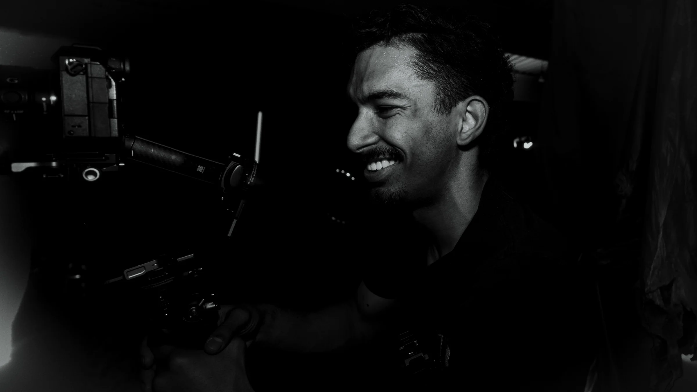 Black-and-white production camera close-up